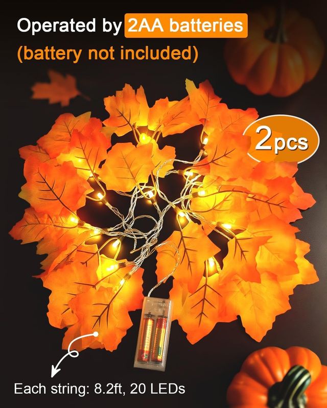2 Pack Lighted Maple Leaf String Lights - Fall Garland, Total 16.4ft 40 LED