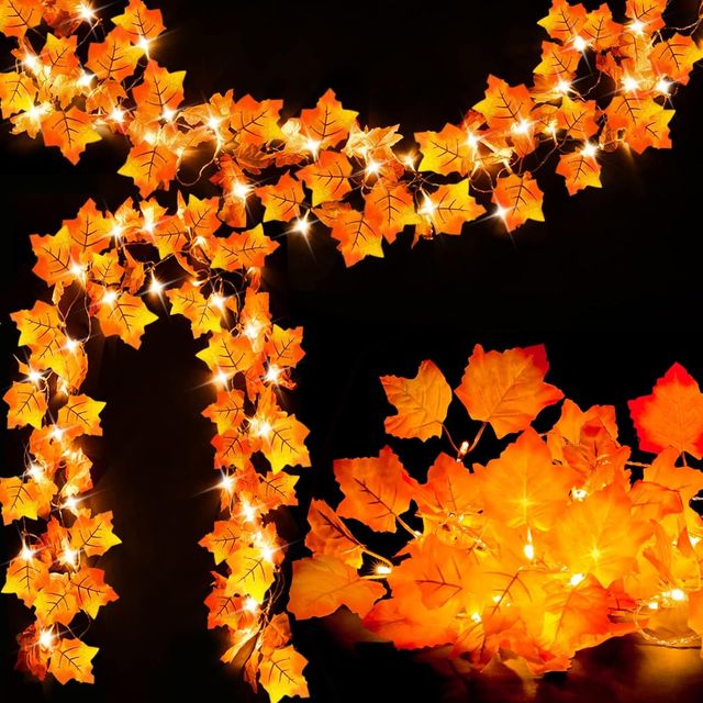 2 Pack Lighted Maple Leaf String Lights - Fall Garland, Total 16.4ft 40 LED