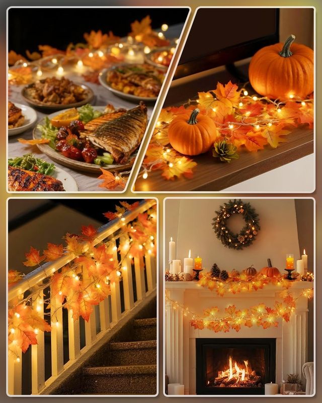 2 Pack Lighted Maple Leaf String Lights - Fall Garland, Total 16.4ft 40 LED