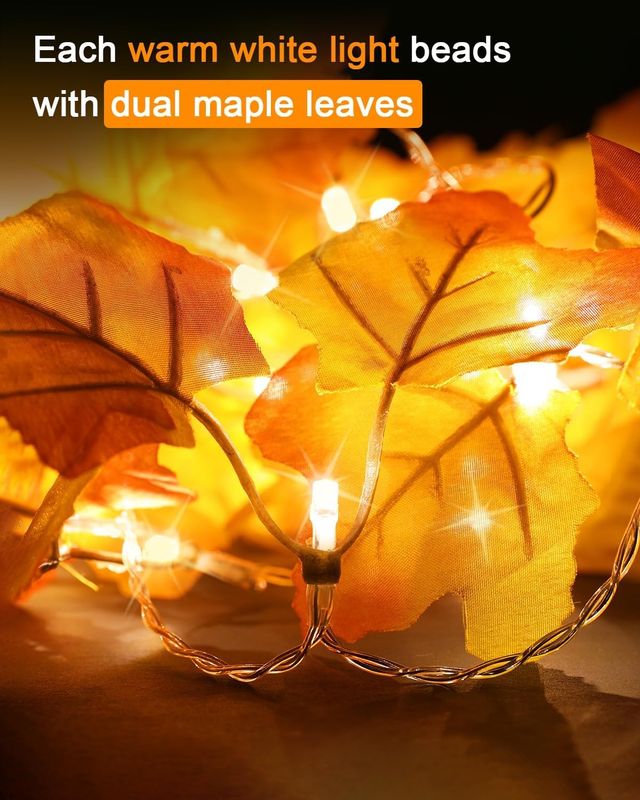 2 Pack Lighted Maple Leaf String Lights - Fall Garland, Total 16.4ft 40 LED