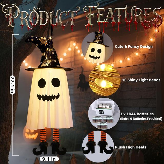 Halloween Hanging Glowing Ghosts Witch Hat Striped Stockings High Heels - 3 pack
