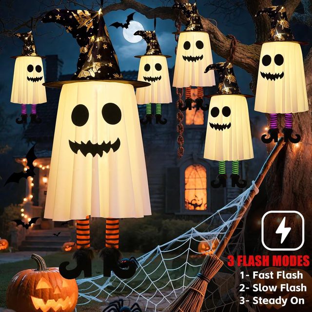 Halloween Hanging Glowing Ghosts Witch Hat Striped Stockings High Heels - 3 pack