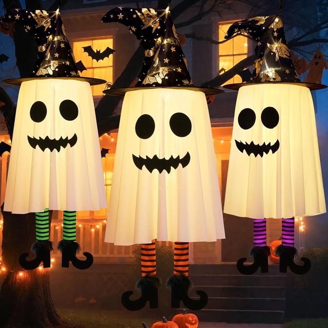 Halloween Hanging Glowing Ghosts Witch Hat Striped Stockings High Heels - 3 pack