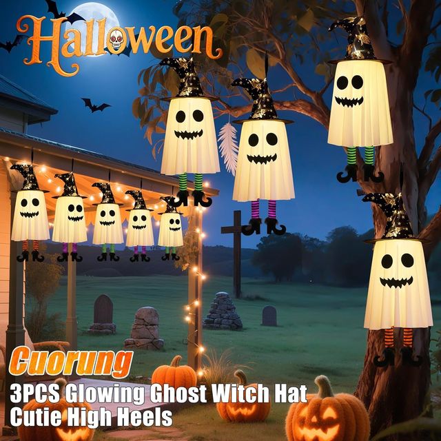 Halloween Hanging Glowing Ghosts Witch Hat Striped Stockings High Heels - 3 pack