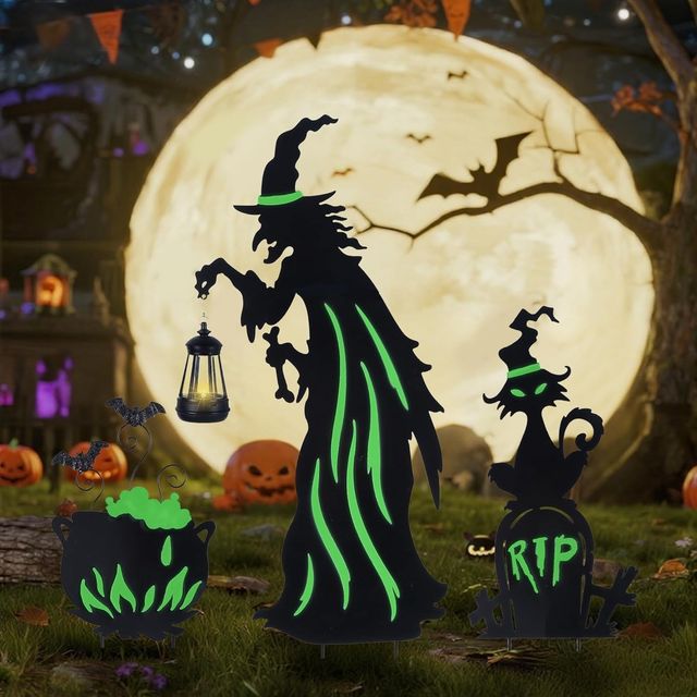 Metal Witch Yard Stakes with Solar Lantern & Glow in The Dark Cauldron + Tombstone