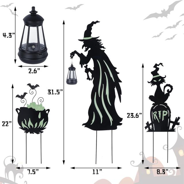 Metal Witch Yard Stakes with Solar Lantern & Glow in The Dark Cauldron + Tombstone