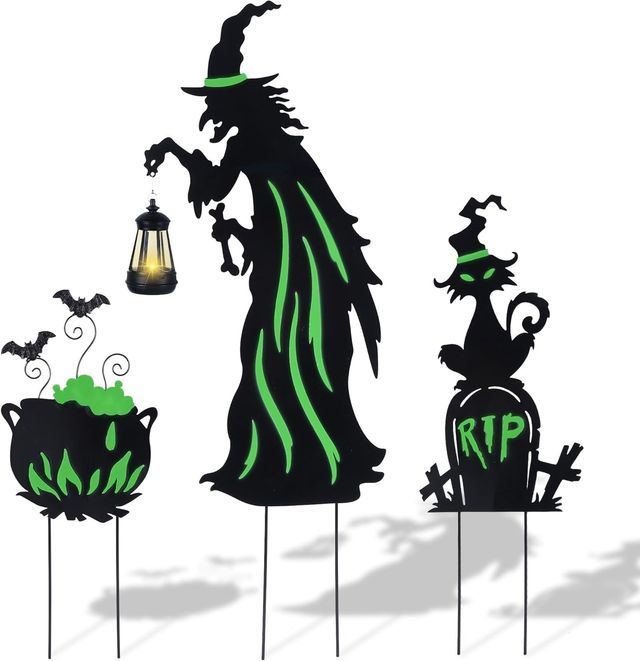Metal Witch Yard Stakes with Solar Lantern & Glow in The Dark Cauldron + Tombstone