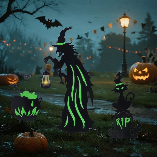 Metal Witch Yard Stakes with Solar Lantern & Glow in The Dark Cauldron + Tombstone