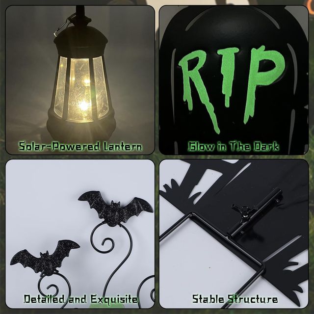 Metal Witch Yard Stakes with Solar Lantern & Glow in The Dark Cauldron + Tombstone