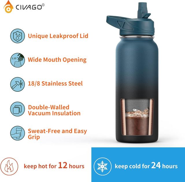 32 oz Stainless Steel Insulated Water Bottle With Straw and 3 Lids